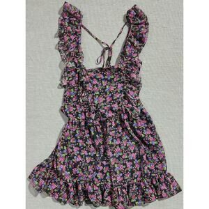 ZARA Floral Ruffle Mini Dress Women’s M Black Pink Tie Back Summer